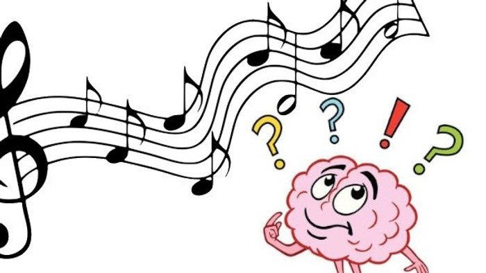 En tegnet brain med spørgemærker og musiknoter.