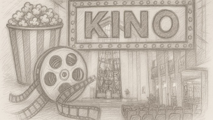 Skizze eines Kinos mit Popcorn, Filmrolle und einem Marquee-Schild mit der Aufschrift *„KINO“*.