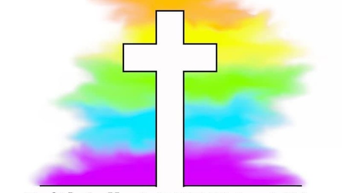 A rainbow-colored cross with text 