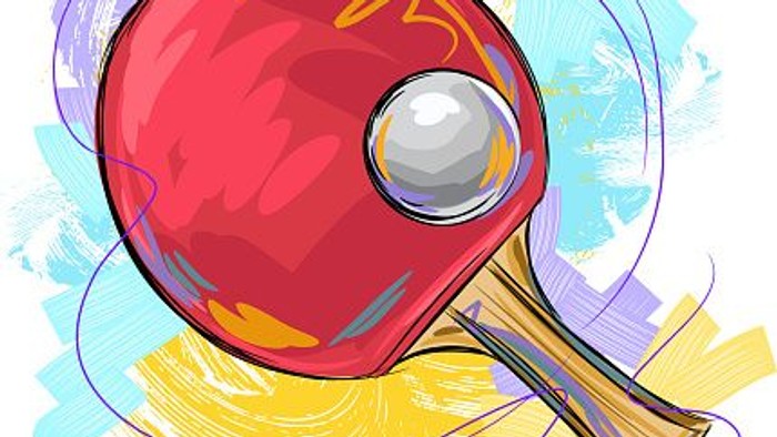 Ein roter Tischtennisschläger mit einem weißen Ball darauf, vor einem farbenfrohen Hintergrund.