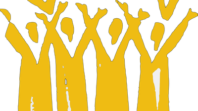 Abstrakte Illustration erhobener gelber Arme vor dunklem Hintergrund, die Einheit oder Feier symbolisieren.