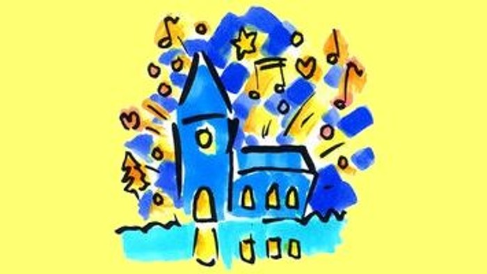 Das Bild zeigt eine bunte, skizzenhafte Darstellung eines blauen Schlosses mit verschiedenen Formen und Symbolen.
