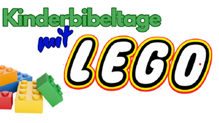 Bunte LEGO-Steine mit dem Text „Kinderbibeltage mit LEGO“, die ein Kinderbibel-Event mit LEGO-Steinen feiern.