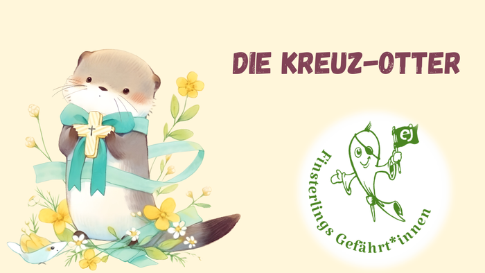 Das Bild zeigt einen süßen Otter mit einer Schleife und Blumen, daneben ein Logo mit einem grünen Bär und Text.
