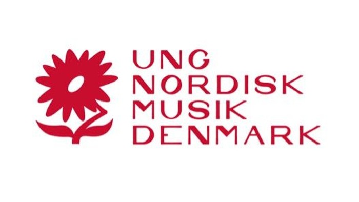 Logo for Ung Nordisk Musik Danmark med en stiliseret rød blomst og tekst.