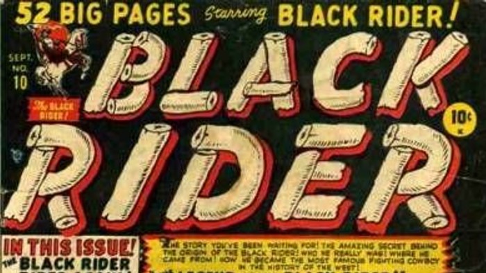 Das Bild zeigt ein Comic-Cover mit dem Titel „Black Rider“, auf dem ein Cowboy mit Umhang und Maske zu sehen ist.