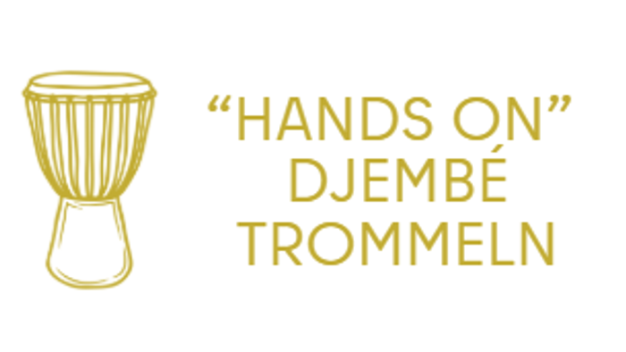 Ein Logo mit einer Djembé-Trommel und dem Schriftzug *„Hands On Djembé Trommeln“*, das Trommelunterricht oder Workshops betont.