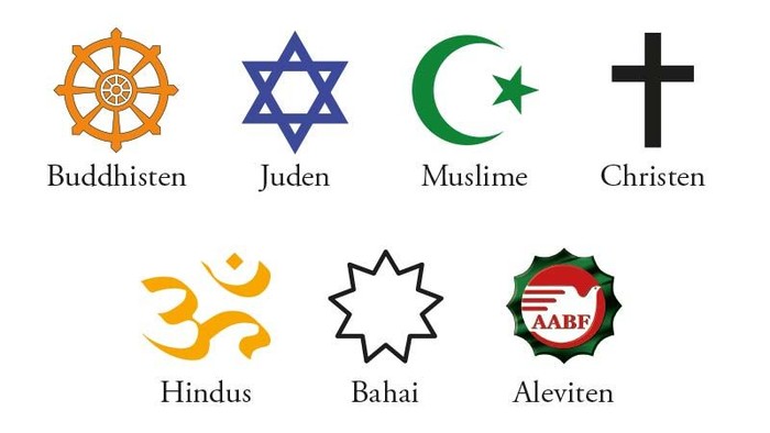Symbole, die den Buddhismus, das Judentum, den Islam, das Christentum, den Hinduismus, den Bahai-Glauben und den alevitischen Glauben repräsentieren.