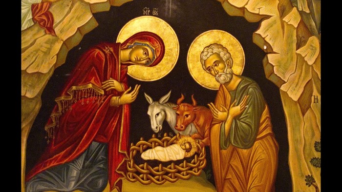 Ikonenhafte Darstellung der Heiligen Familie mit Neugeborenem in der Krippe