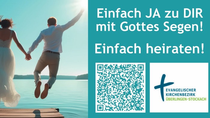 Frischvermähltes Paar springt freudig, Werbung für Hochzeitssegen am 25.05.2025