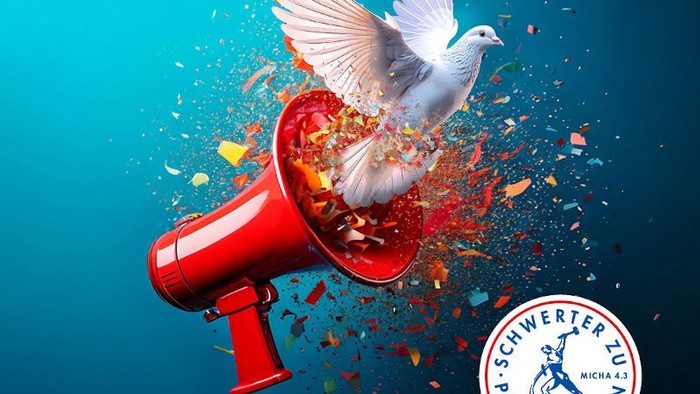 Eine Taube, die aus einer Flüstertüte herausgeschossen wird, zusammen mit dem Motto 