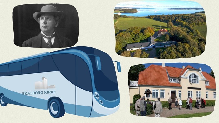 Kollage med en historisk person, en bus mærket 