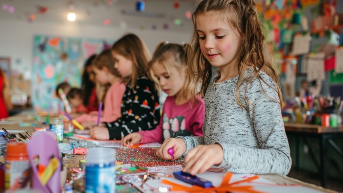 Børn arbejder med håndværk på bordet