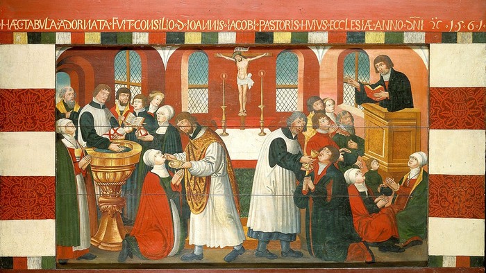 Billedet viser en religiøs scene med præster og troende i en kirke.