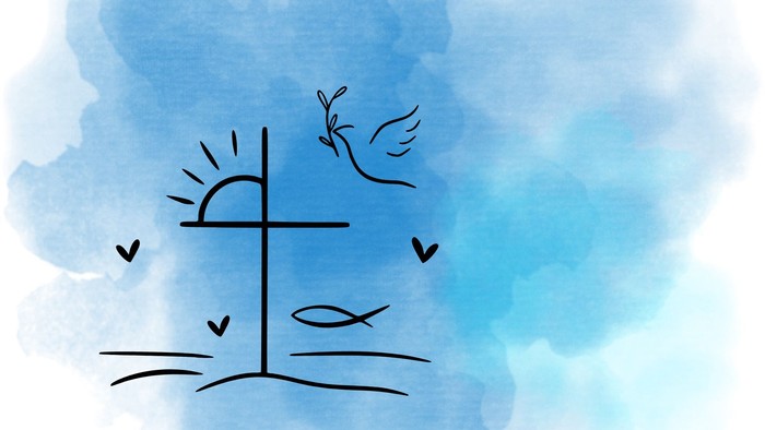 Ein Kreuz mit Sonne, Tauben und Fischen vor blauem Hintergrund