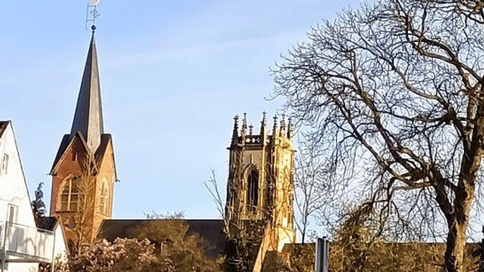 Ein Kirchengebäude mit hohem Turm und spitzen Dach, umgeben von Bäumen und Häusern.