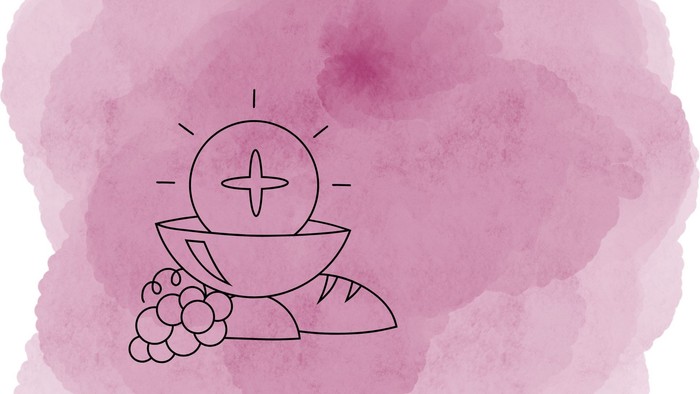 Ein Kelch und Brot vor einem lila Hintergrund