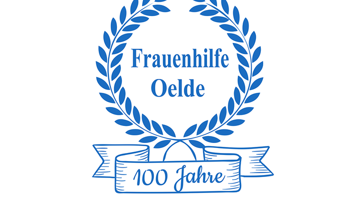 Ein blaues Lorbeerkranz-Logo, das „Frauenhilfe Oelde“ feiert, mit einem Banner, das „100 Jahre“ markiert.
