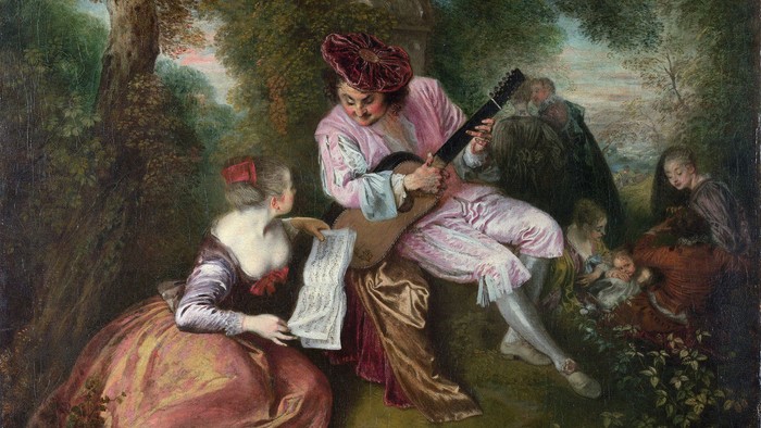 Gemälde von Watteau mit auf einer Gitarre spielendem Mann und einer Frau mit Notenheft