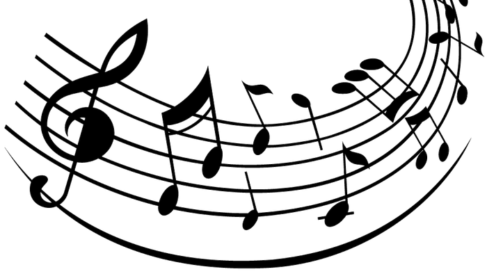 Billedet viser noter og musiske symboler i en cirkelformet mønster på sort baggrund