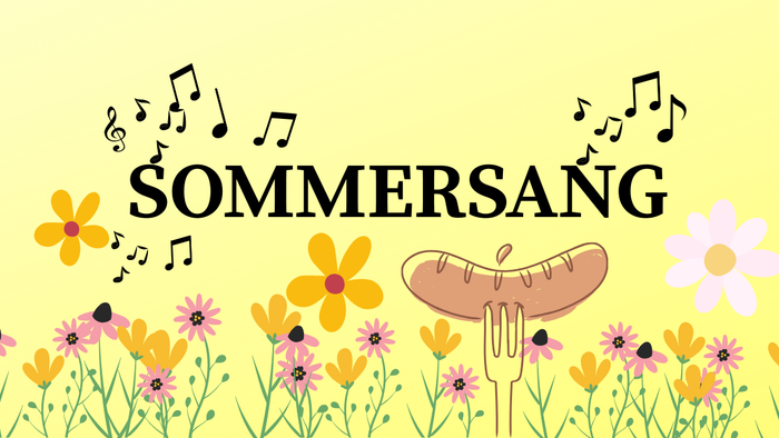 Sommersang med musiksymboler og blomster, samt en pølse på spade