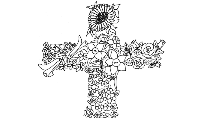 Eleganter Kreuzanhänger verziert mit filigranen floralen und botanischen Linienkunst-Designs.