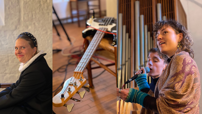 Billede viser tre forskellige scener med musikinstrumenter og personer.