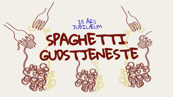 Illustrasjon af spaghetti med gule smørretøj og skrivebordsredskaber.