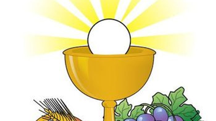 Das Bild zeigt ein Kelch mit Hostie, Weizenähren und Trauben unter einem Strahlenkranz