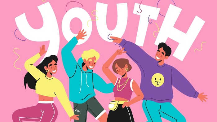 Vier junge Menschen feiern und tanzen vor dem Wort 