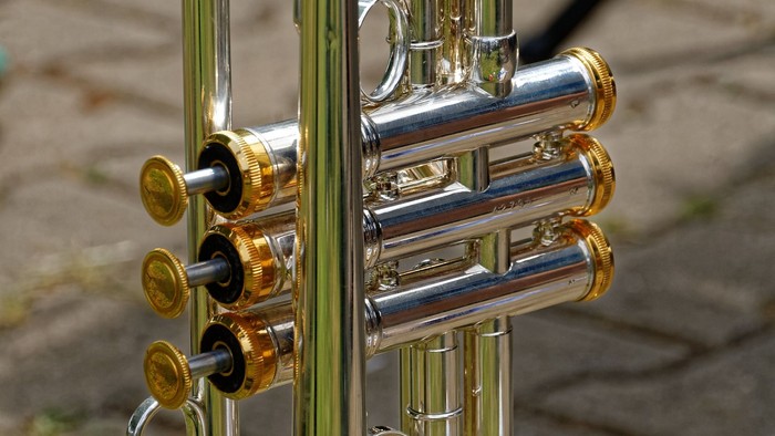 Ein Trompetenventil mit goldenen und silbernen Details.