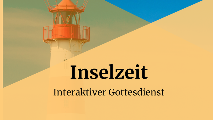 Inselzeit, Interaktiver Gottesdienst, Leuchtturm in rot und weiß, blauer Himmel, Orangetöne