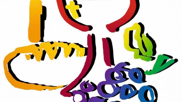 Bunte, abstrakte Darstellung eines Kelches mit Kerze und Trauben