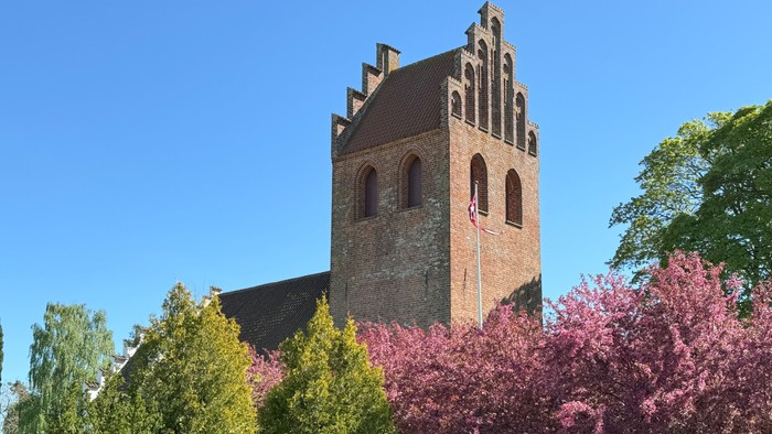 Tårn og blomstrende træer i solskinn