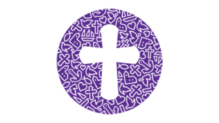 Et violett kors på sort baggrund med mønstre.