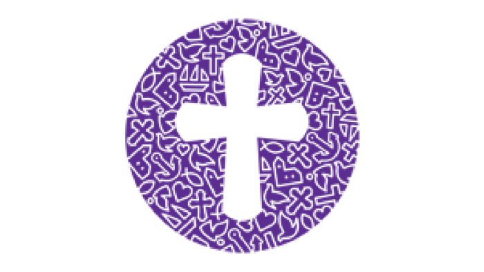 Et violett kors på sort baggrund med mønstre.