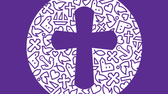 Et rødt cirkel med et centralt kors omgivet af små hjerter og andre symboler