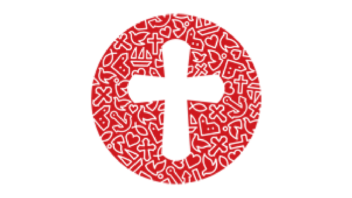 Et sort kors på en rød cirkel med mønstre på sort baggrund