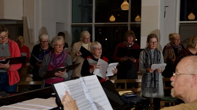 En gruppe ældre mennesker synger i kor.