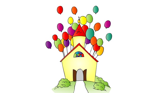 Ein Haus mit vielen bunten Ballons.