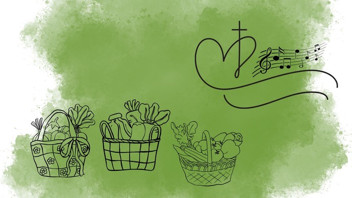 Drei Körbe mit Blumen und ein Notenblatt mit Kreuz