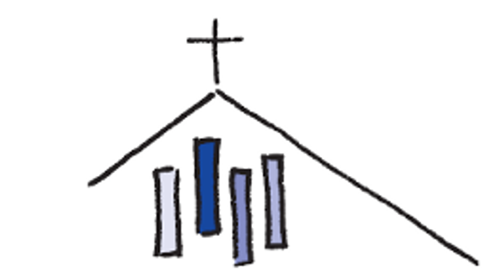 Das Logo zeigt ein einfaches Kirchengebäude mit Kreuz und Text in Blau.