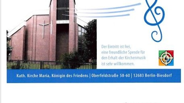 Plakat für ein Konzert in der **Katholischen Kirche Maria, Königin des Friedens** am **30. November 2025** mit Werken für **Flöte und Orgel** von **Bach, von Osterhausen** und anderen.