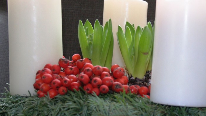 Firelyse og grønne blomster til juledekor.