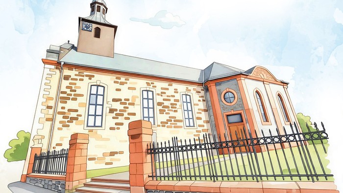 Aquarell-Illustration einer charmanten Backsteinkirche mit Glockenturm und schmiedeeisernem Zaun.