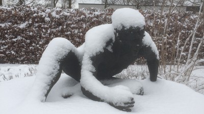 En snødekt statue i en trægt garden