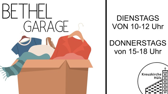 Bethel Flohmarkt-Zeitplan: Dienstags von 10–12 Uhr und donnerstags von 15–18 Uhr mit Kleidung und Spendenartikeln.