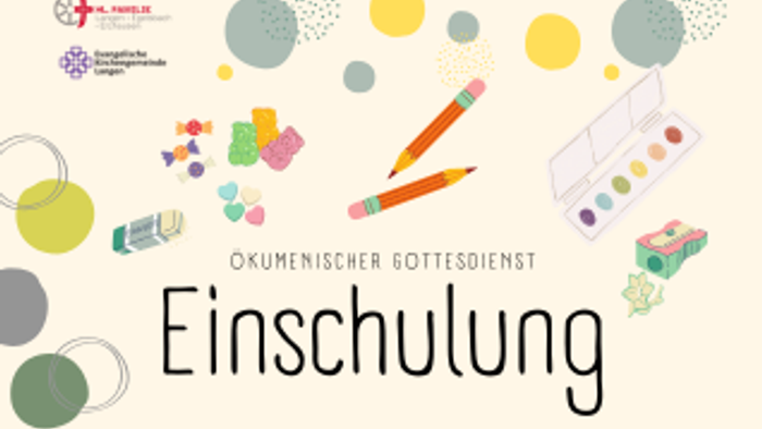 Das Bild zeigt verschiedene Schulmaterialien und den Text
