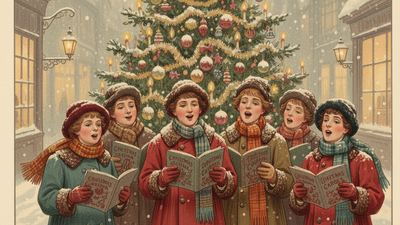 Børn, der synger julesange foran et pyntet juletræ i sneen.