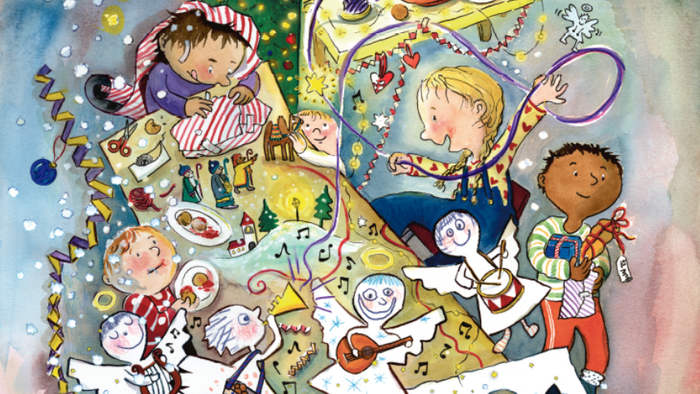 Børn fejrer jul med gaver og et juletræ.